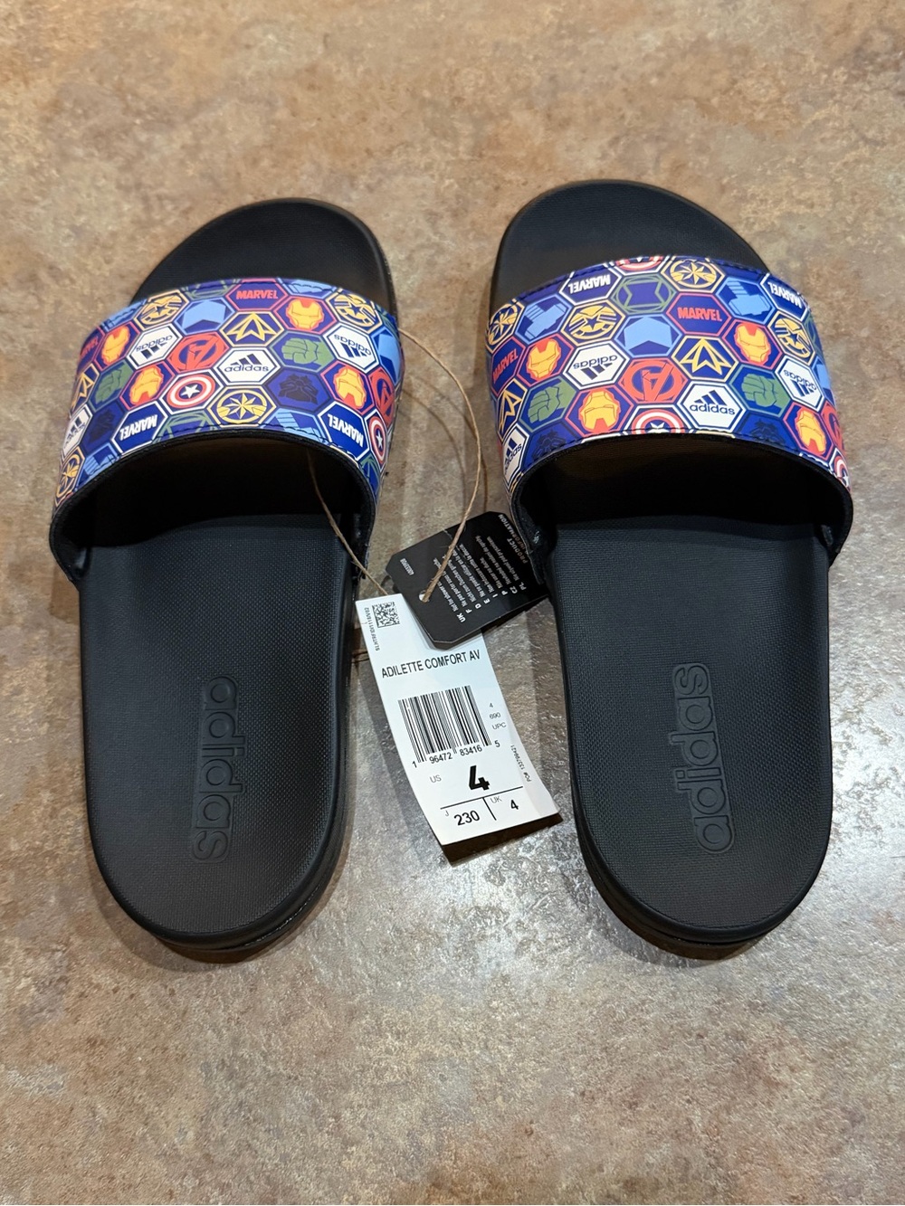 Adidas Kids' Black Marvel Print Slide Sandals size 4. NWT